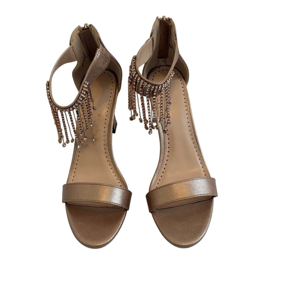 Women Adrienne Vittadini Metallic Rose Gold Jeweled Fringe Open Toe Heels sz 8.5